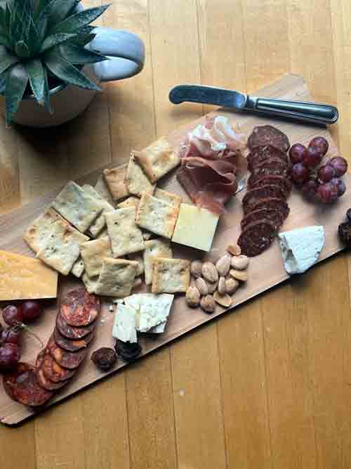 Aerial view of a filled charcuterie board
