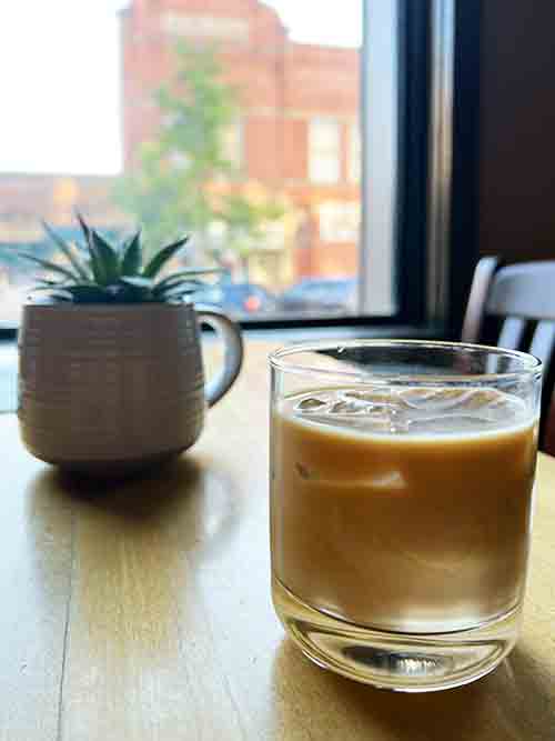 Glass of iced coffee next to succulent plant